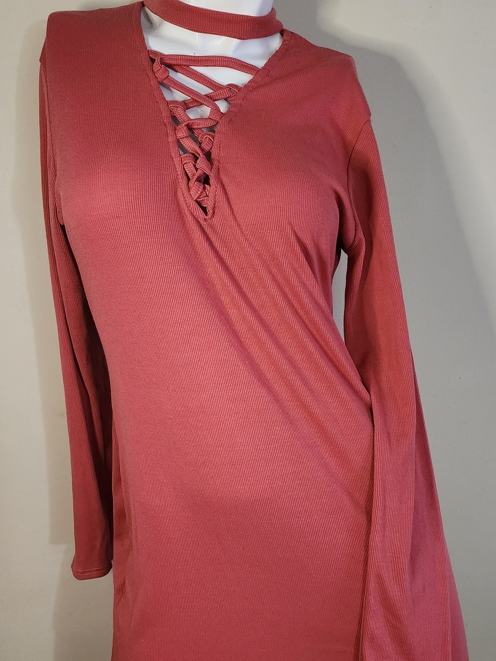 Mauve Ribbed Lace Up Mini Dress Choker Neck Long Sleeve